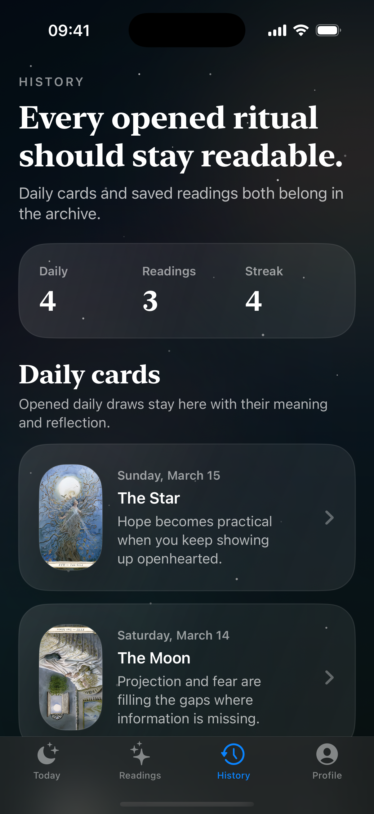 Daily cards and readings live together.