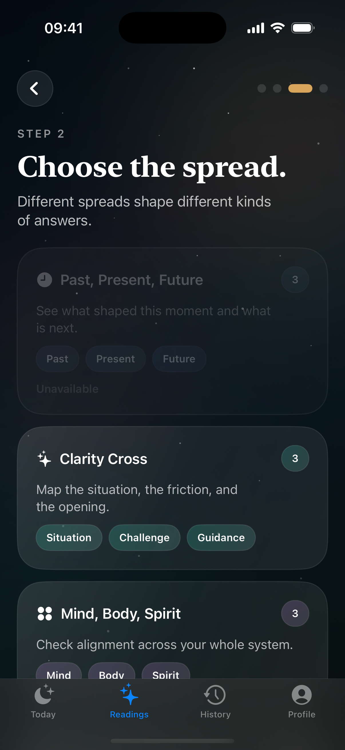Spread positions are readable at a glance.